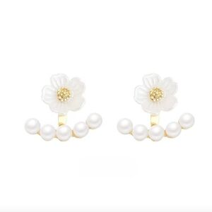 14K Gold Plated Blossom Flower-Shaped Faux Pearl Arc Curved Stud Womens Earrings